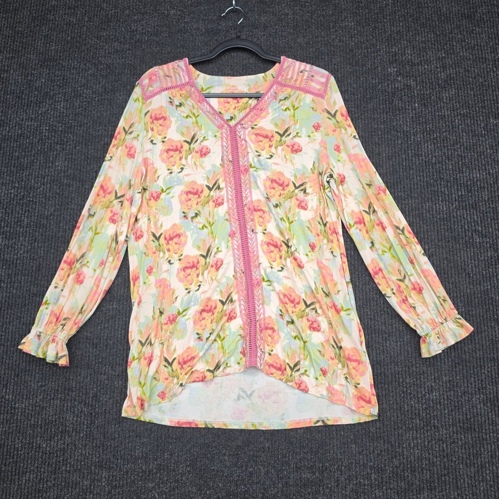 Soft Surroundings Floral Crochet Trim Tunic Top Pink Green Medium 2EA19